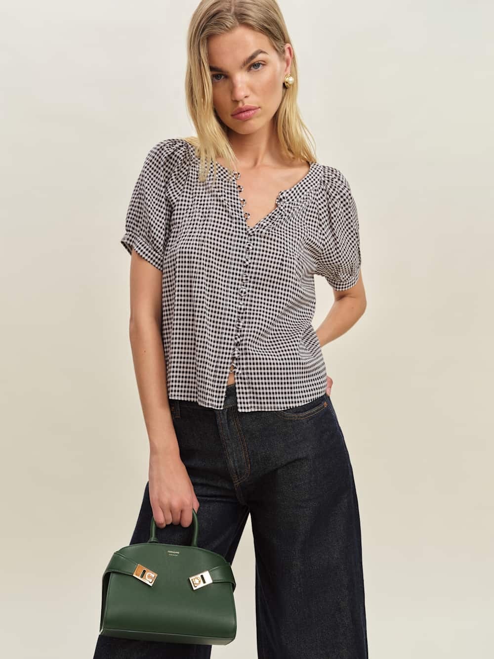 Black & White Gingham Button-Front Short Sleeve Top